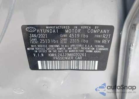 2021 Hyundai Sonata Blue z USA, uszkodzony, nr VIN KMHL24JJ9MA030261